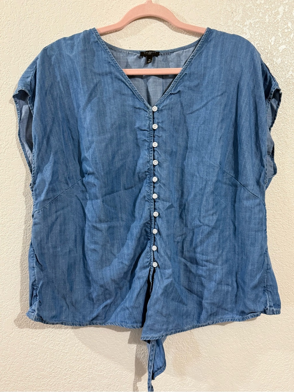 Talbots Blue Button-Front Chambray Tie Hem Top